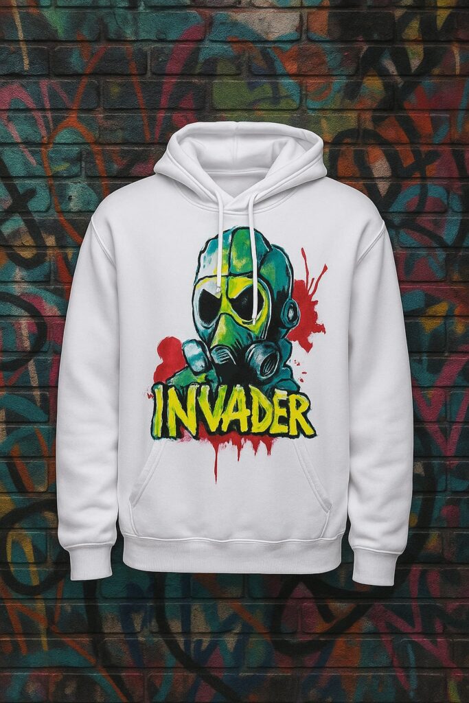 Baltas džemperis su spalvingu grafiti dizainu – dujokaukės piešinys ir ryškus geltonas užrašas INVADER, pakabintas priešais grafiti sieną.