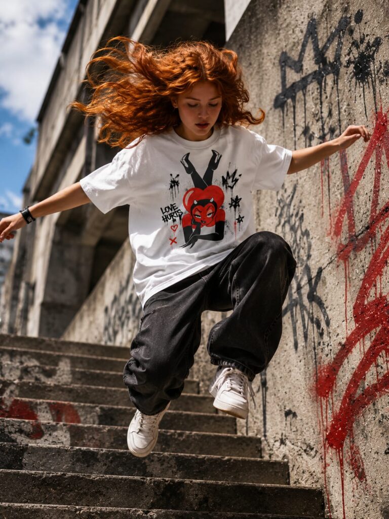 Love Hurts marškinėliai su rankomis tapytu velniuko personažu raudonoje širdyje, dėvimi ant miesto laiptų – Invader Couture gatvės mados kūrinys