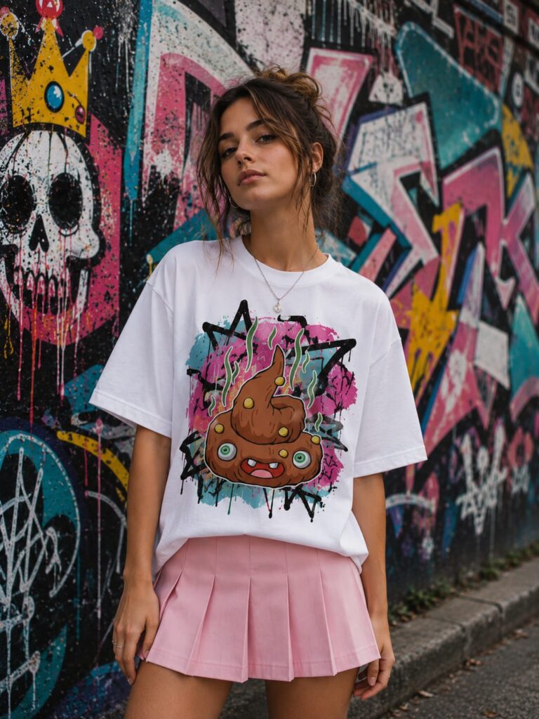 Kakos Monstras marškinėliai su rankomis tapytu komišku grafiti personažu, dėvimi prie grafiti sienos – Invader Couture gatvės mados kūrinys