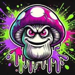 Šypsantis violetinis grybas grafiti stiliumi. Sukurk pat.