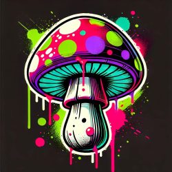 Spalvingas grybas grafiti stiliumi juodame fone. Sukurk pat.